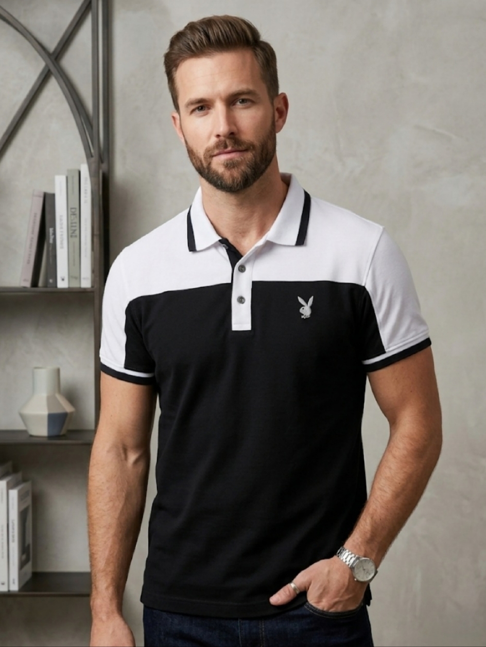 PLAYBOY Men's Black White 100% Cotton Collared Casual Short Sleeve Polo Shirt L